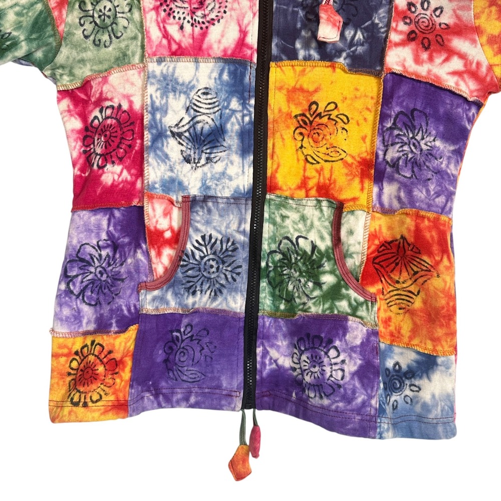 Kathmandu Imports Hoodie Patchwork Tie Dye Woodblock Print Multicolor M Boho - Picture 8 of 11